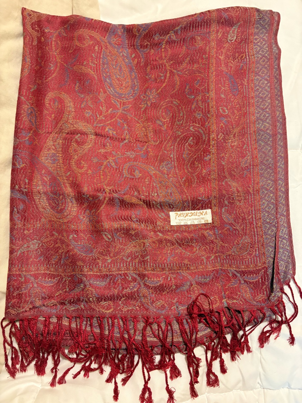 100% Cashmere Pashmina Shawl Wrap Burgundy Paisley Fringe 27” x 73”